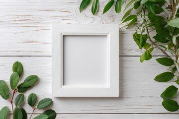 White frame with greenery on a white wooden background