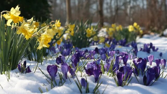 Vibrant spring flowers push through the last of the winter snow.