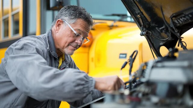 An experienced mechanic focuses on repairing a school bus engine in a vibrant yellow garage. The sun shines brightly as tools and parts are nearby, creating a productive atmosphere