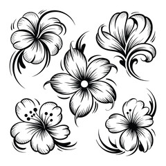 Set of Five Stylized Black and White Hibiscus Flowers illustration