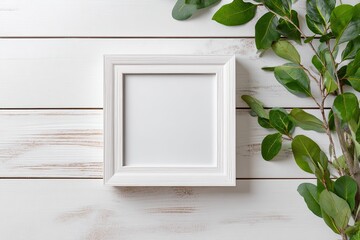 White square frame on distressed wood planks, with greenery