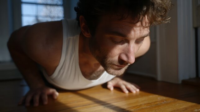 A focused Caucasian male performs a sunlit push-up, embracing mindfulness, fitness rituals, and World Health Day vitality