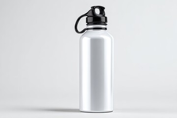 White metal water bottle with black cap and handle