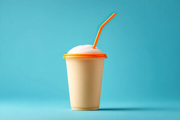 Refreshing beverage in a cup with orange straw. A delightful, tasty treat against a vibrant blue background, perfect for a sunny day.