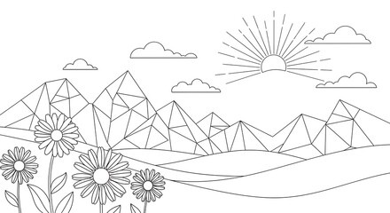 Fototapeta premium Geometric mountain landscape with flowers and sun, isolated on white background