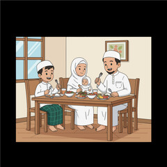 Young Muslim Man Eating together with family 