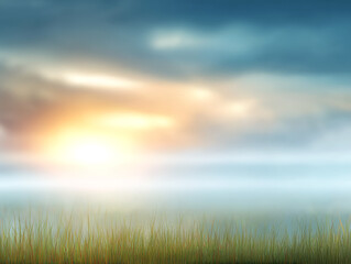 wallpaper of Misty lakeside sunrise casting warm hues across calm waters, lush grass framing peaceful morning landscape