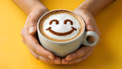 world smile day, Smiling Cappuccino Cup in Hands for Cozy Coffee Moment and Lifestyle Branding
