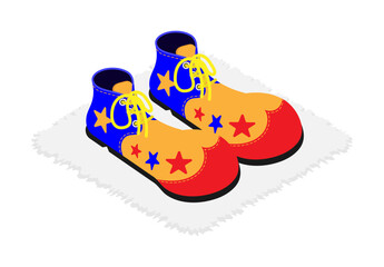 Isometric huge pair of clown shoes with yellow laces on the rug. Realistic 3D vector concept isolated on white background