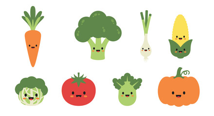 Fototapeta premium Cute cartoon vegetables with happy faces, arranged in a grid pattern.