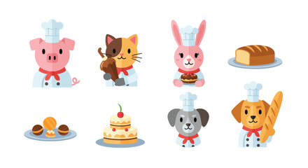 Naklejka premium Adorable animal chefs baking and presenting delicious pastries and bread.