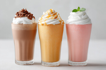 Indulge in creamy delights: Chocolate, caramel, and strawberry milkshakes with generous whipped cream toppings for a sweet treat.