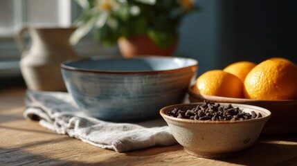 A rustic morning tableau with citrus harmony and clove whispers, ideal for Hygge celebration or citrus harvest festival