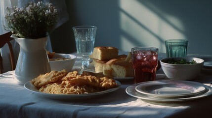 Enticing golden fried chicken on sunlit table, embodying Southern comfort, reminiscent of Lazy Day indulgence and soul food festivals