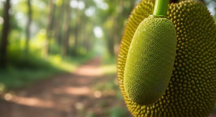 Close up of a jackfruit hanging from a tree with a blurred forest background capturing exotic nature