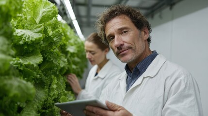```markdownCaucasian male and female scientists ponder hydroponic kale, evoking Urban Agriculture Day and World Plant Milk Day innovations```
