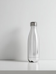 A polished, metallic, water bottle stands on a white surface against a plain white background