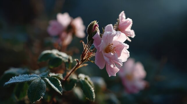 Frost-kissed pink blossom whispers tales of winter's poetry, ideal for Imbolc or Yuletide, mystical botanical serenity