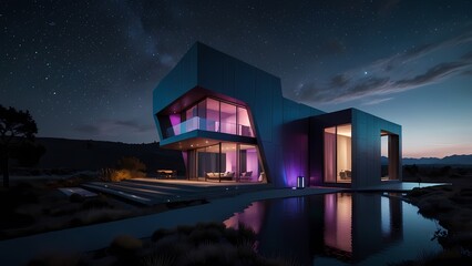 A futuristic house with a bold, avant-garde design, featuring sleek metallic curves that reflect the neon purple and blue lights emanating from its facade, set against a vast, starry sky with countles