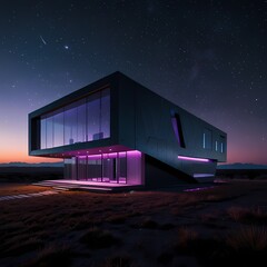 A futuristic house with a bold, avant-garde design, featuring sleek metallic curves that reflect the neon purple and blue lights emanating from its facade, set against a vast, starry sky with countles