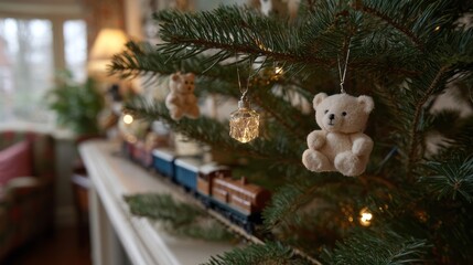 Festive teddy bear ornament twinkles on evergreen, evoking nostalgia and warmth, perfect for Yuletide or whimsical Children's Day ambiance
