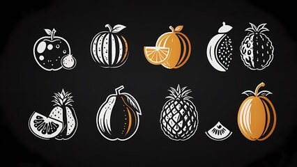 Food fruits glyph icon set. Vector pictograms of banana, strawberry, pineapple, watermelon, grapes, mango, blueberries, peach, cherry, lemon, avocado, pear, kiwi, black sign silhouette illustration