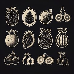 Food fruits glyph icon set. Vector pictograms of banana, strawberry, pineapple, watermelon, grapes, mango, blueberries, peach, cherry, lemon, avocado, pear, kiwi, black sign silhouette illustration