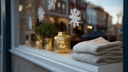 Cozy knitted warmth beside golden luminescence epitomizes Hygge tranquility; Nordic Winter Solstice reflections dance through frosty urban glass