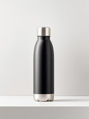 Black insulated water bottle on white shelf