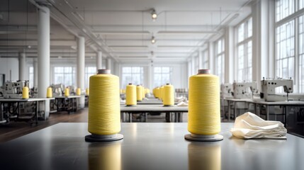 Industrial Thread: A factory setting featuring rows of sewing machines, illuminated by natural light, the workspace is dominated by giant yellow spools of thread. 