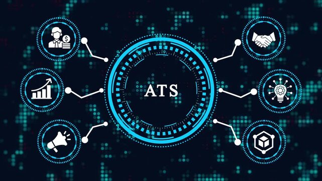The concept of ats applicant tracking system is illustrated with icons representing recruitment, talent management, and human resources technology solutions.