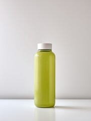 Olive green plastic water bottle with white lid.  Simple, modern, and minimalist design against a plain white background.  Bottle is rectangular and sits on a white surface