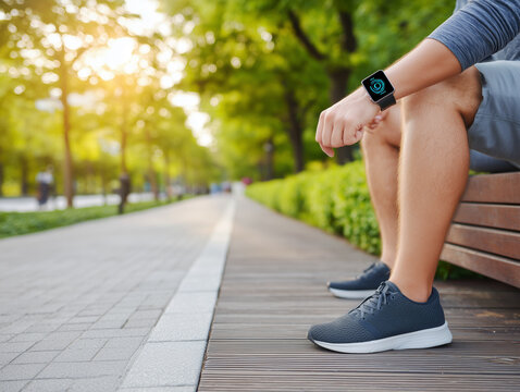 detail of runner recovering on park bench, analyzing workout stats on smartwatch after high intensity training, breathing crisp outdoor air - Powered by Adobe