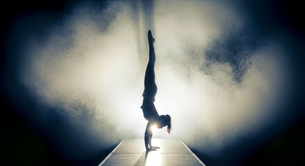 Silhouette of Woman Practicing Handstand Yoga with Light Effects