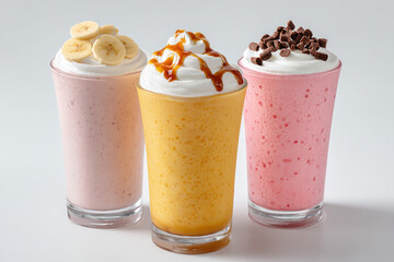Three colorful blended smoothies in glass cups, decorated with toppings, present a visually appealing and refreshing treat.