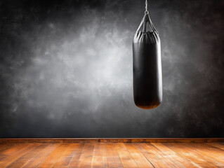 Suspended black punching bag casting dramatic shadows across wooden gym floor, embodying athletic intensity and focused training potential