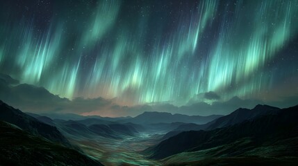Vibrant aurora borealis dances across a starry night sky over a serene mountain valley with a distant village