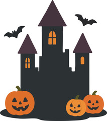Haunted Halloween Castle with Pumpkins and Bats Spooky Vector Greeting Card. Scary Halloween Haunted House with Jack-o-Lanterns and Autumn Elements. Festive flat vector Illustration