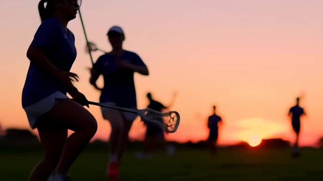 Lacrosse team practices during sunset, teamwork and skill on display