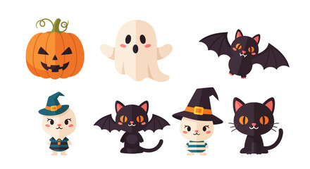 Cute Halloween-themed cartoon characters including a pumpkin, ghost, bat, and cats wearing witch hats.