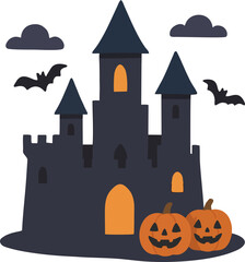 Haunted Halloween Castle with Pumpkins and Bats Spooky Vector Greeting Card. Scary Halloween Haunted House with Jack-o-Lanterns and Autumn Elements. Festive flat vector Illustration