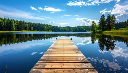 Tranquil lake pier on a sunny day