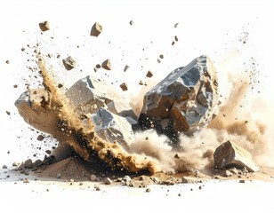 Gray rocks exploding in a sand and dust cloud