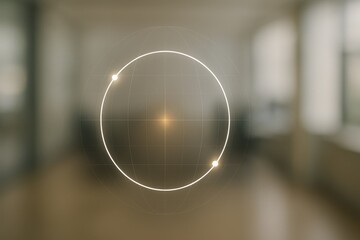 Glowing circular radar scan interface with orange nodes floating in defocused office background
