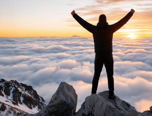 A mountaineer raises his arms triumphantly on a rocky summit, overlooking a misty cloudscape during a golden sunset, a concept of overcoming