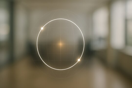 Glowing circular radar scan interface with orange nodes floating in defocused office background
 - Powered by Adobe