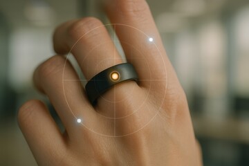 Smart ring on hand with orange sensor and radar-like scan overlay in modern digital environment
