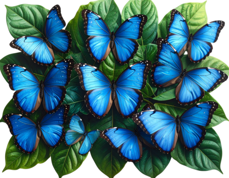  Cluster of Blue Butterflies Resting on Leaves, Top-Down View, isolated on transparent background 