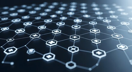 A network of medical symbols connected by lines on a dark blue background