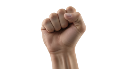 Isolated clenched fist, a symbol of strength, resistance, solidarity, and power, raised up